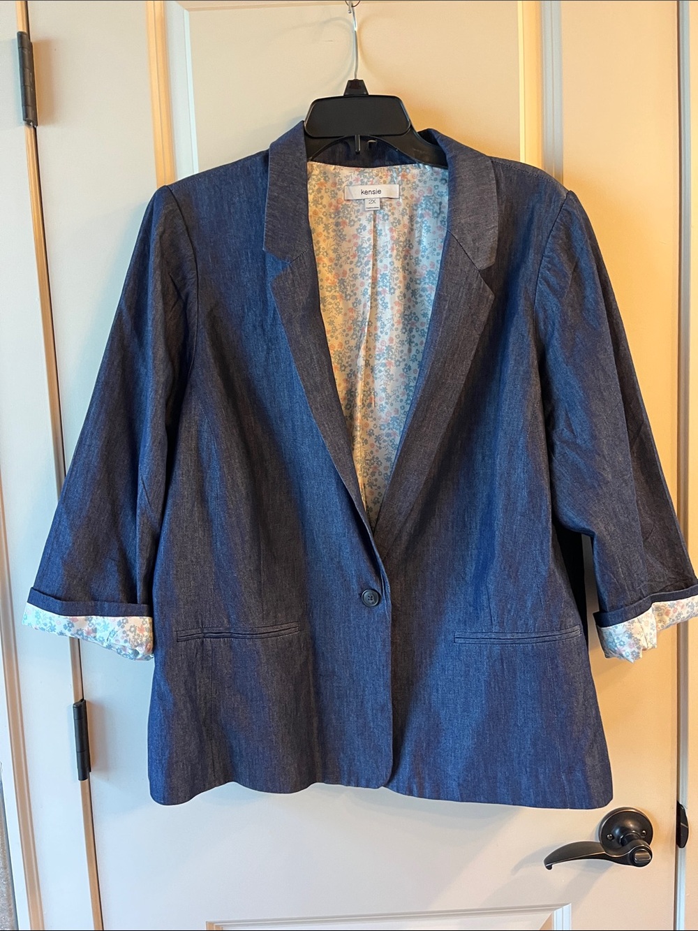 Kenzie Denim Blazer 3/4 Sleeve With Floral Lining 2X